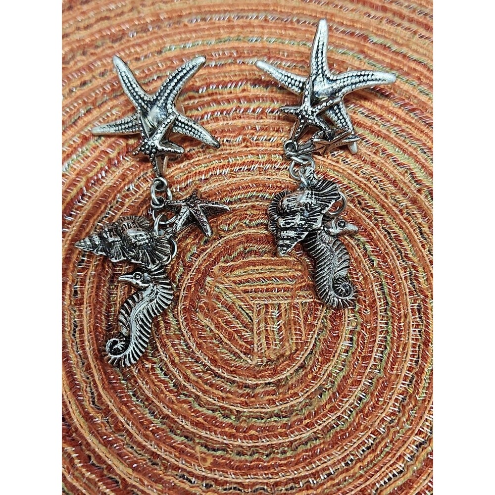 Handmade Artisan Created Sealife Dangle Earrings Silvertoned Sterfish Seahorse